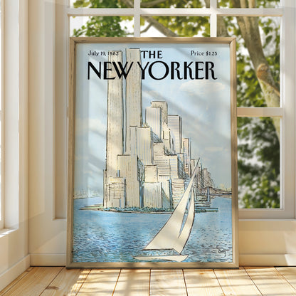 New Yorker 1982 Poster, NYC Skyline Sailboat Wall Art, Manhattan Vintage Print