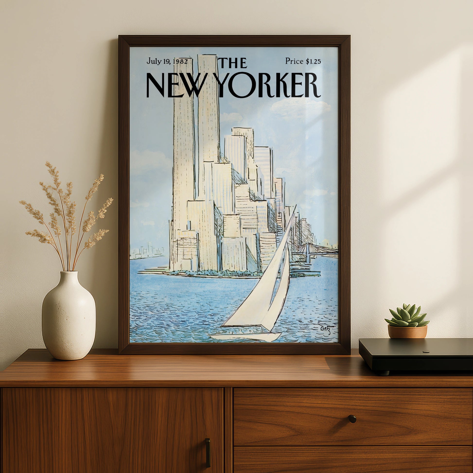 New Yorker 1982 Poster, NYC Skyline Sailboat Wall Art, Manhattan Vintage Print