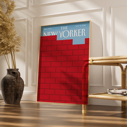 The New Yorker Poster, Red Brick Wall Cover Art Print, Bold Minimalist Decor