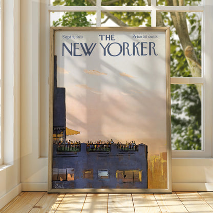 The New Yorker Poster 1970 Rooftop Party NYC Skyline, Vintage Magazine Cover Art Print