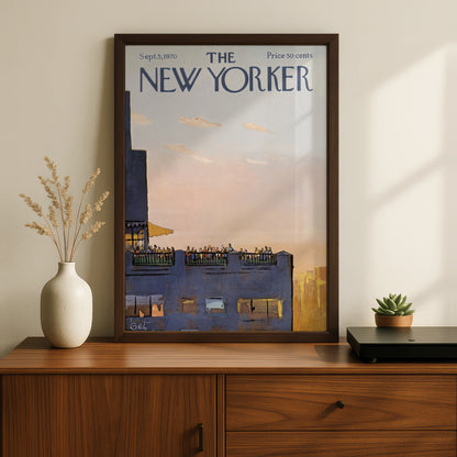 The New Yorker Poster 1970 Rooftop Party NYC Skyline, Vintage Magazine Cover Art Print