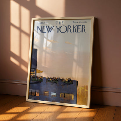 The New Yorker Poster 1970 Rooftop Party NYC Skyline, Vintage Magazine Cover Art Print