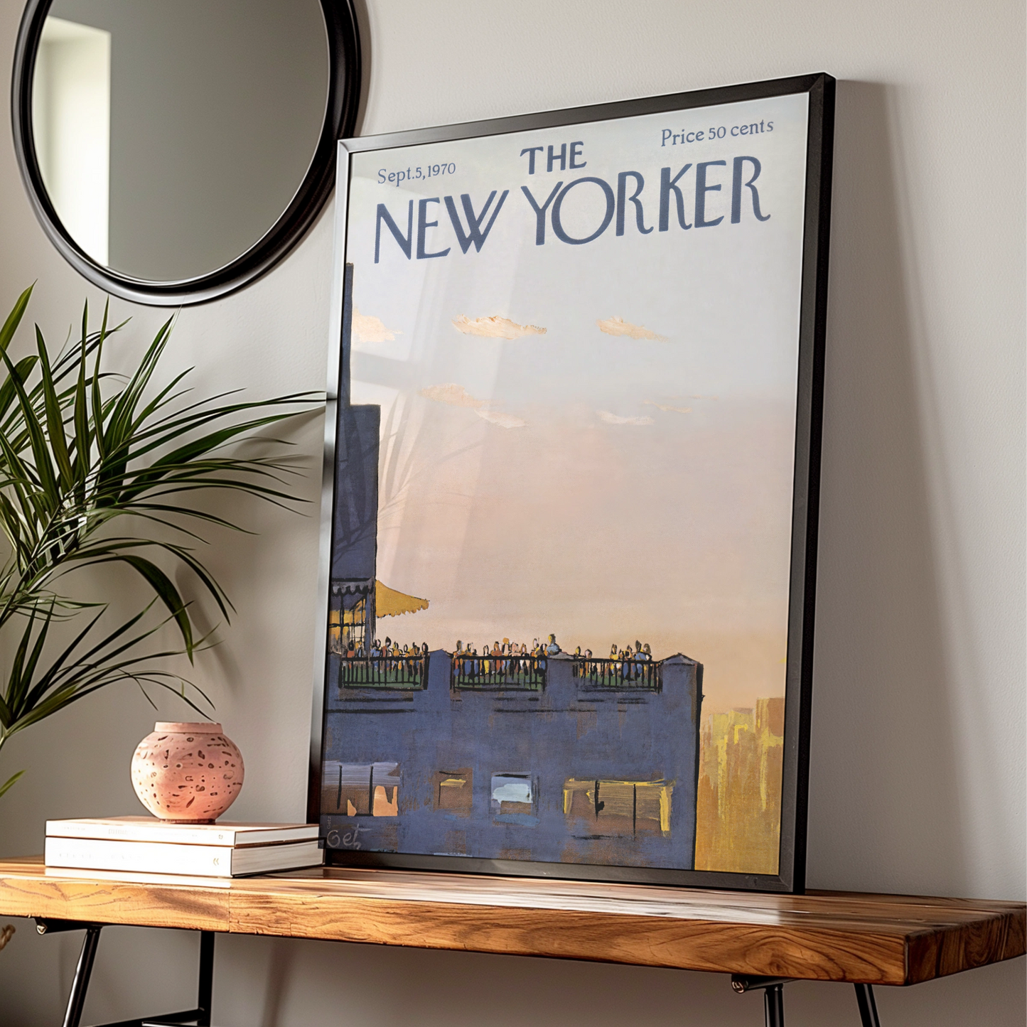 The New Yorker Poster 1970 Rooftop Party NYC Skyline, Vintage Magazine Cover Art Print