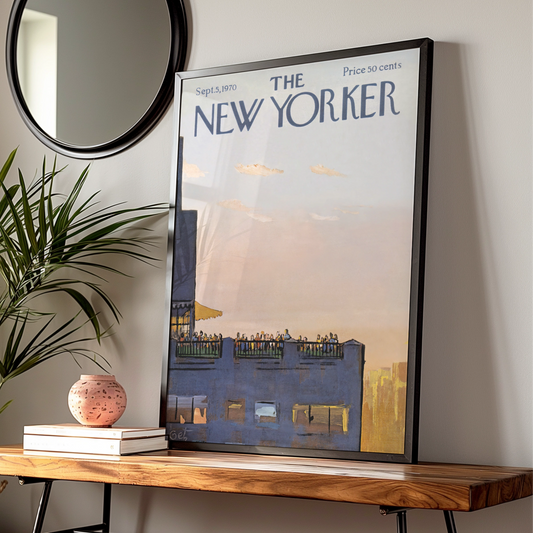 The New Yorker Poster 1970 Rooftop Party NYC Skyline, Vintage Magazine Cover Art Print