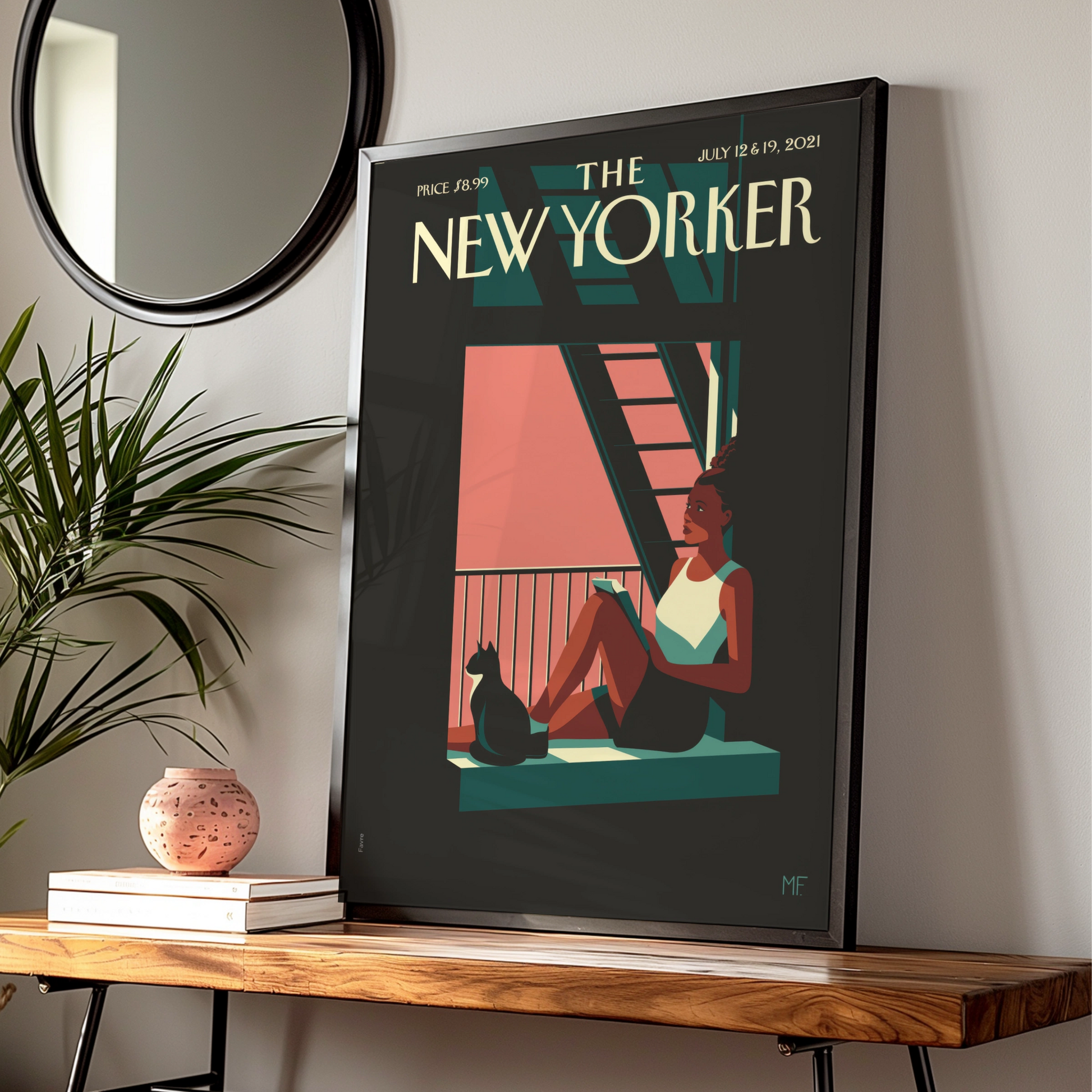 The New Yorker Cover Poster July 2021, Woman Reading Cat Window Wall Art Print