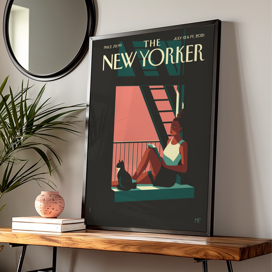 The New Yorker Cover Poster July 2021, Woman Reading Cat Window Wall Art Print