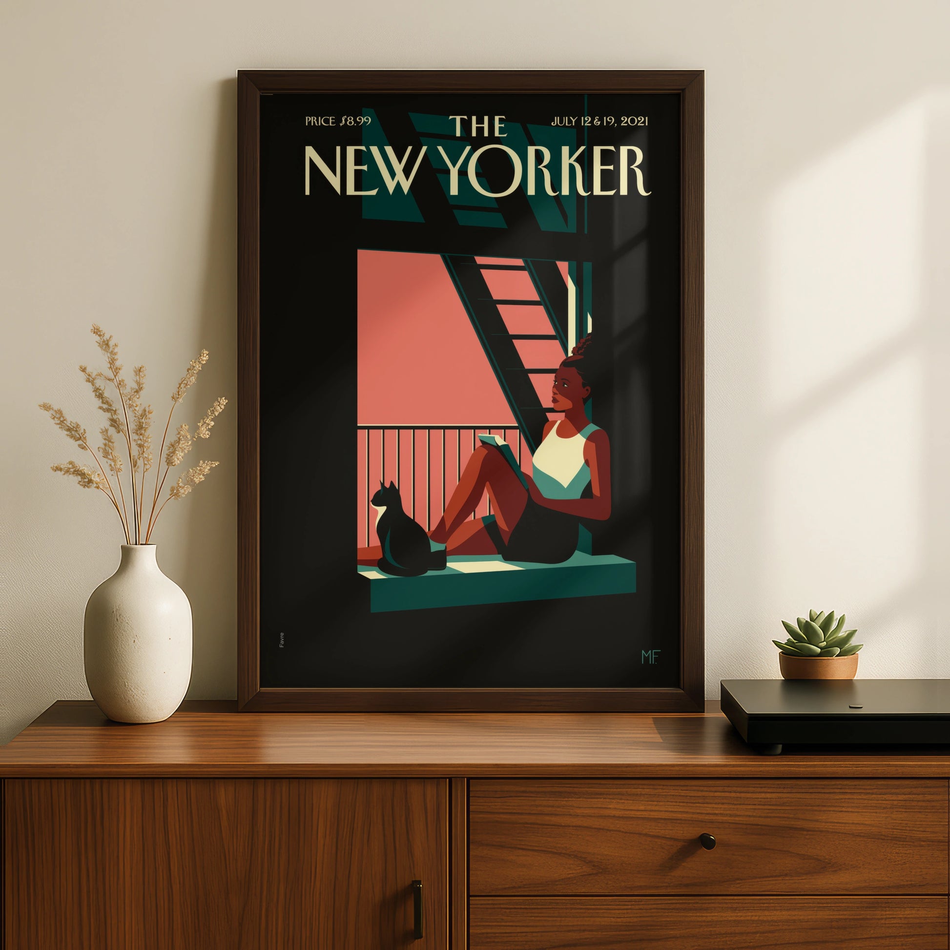 The New Yorker Cover Poster July 2021, Woman Reading Cat Window Wall Art Print
