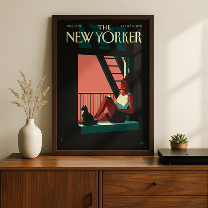 The New Yorker Cover Poster July 2021, Woman Reading Cat Window Wall Art Print