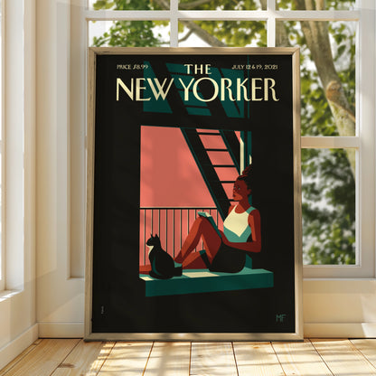 The New Yorker Cover Poster July 2021, Woman Reading Cat Window Wall Art Print