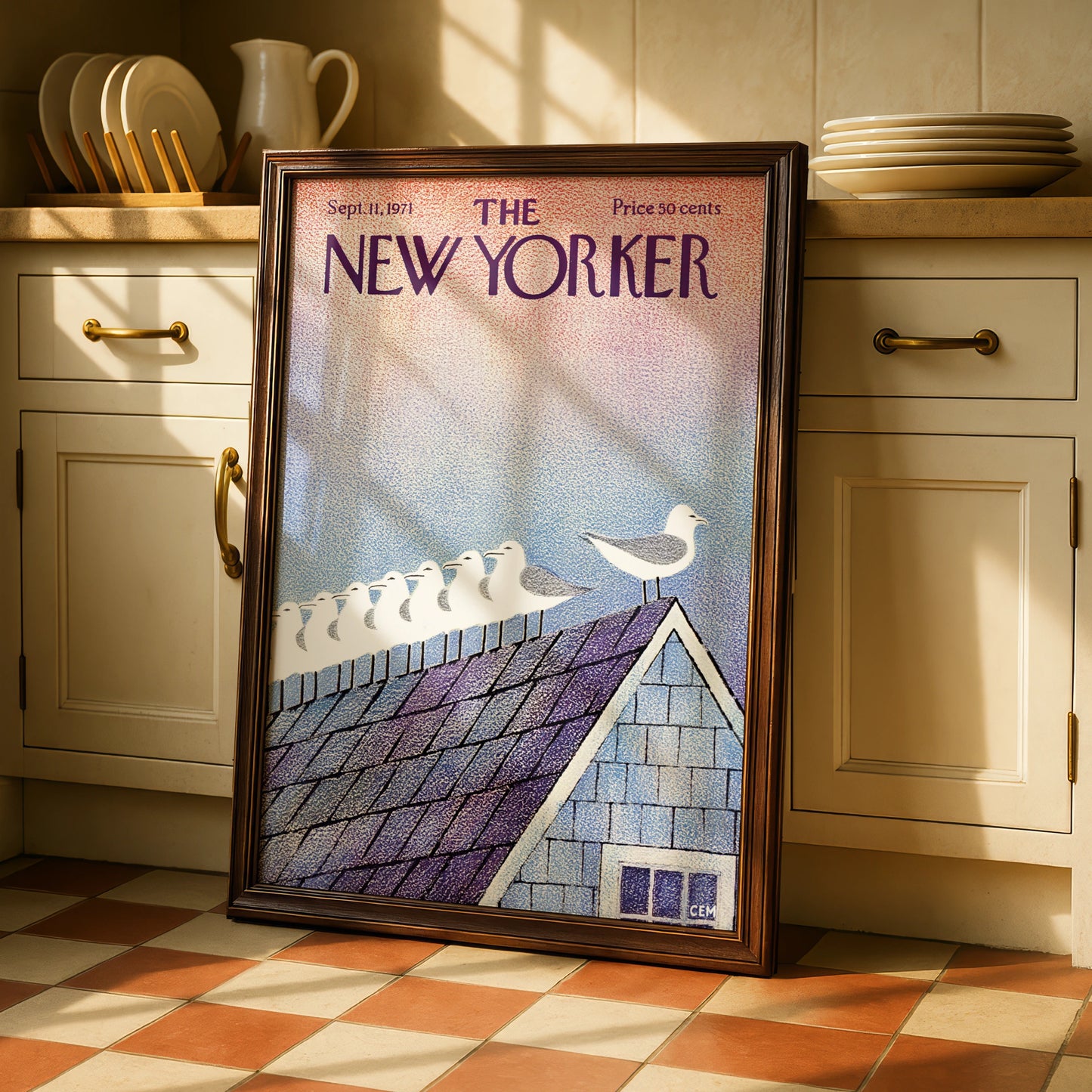 The New Yorker 1971 Seagulls on Rooftop Cover Art Poster, Vintage Magazine Print