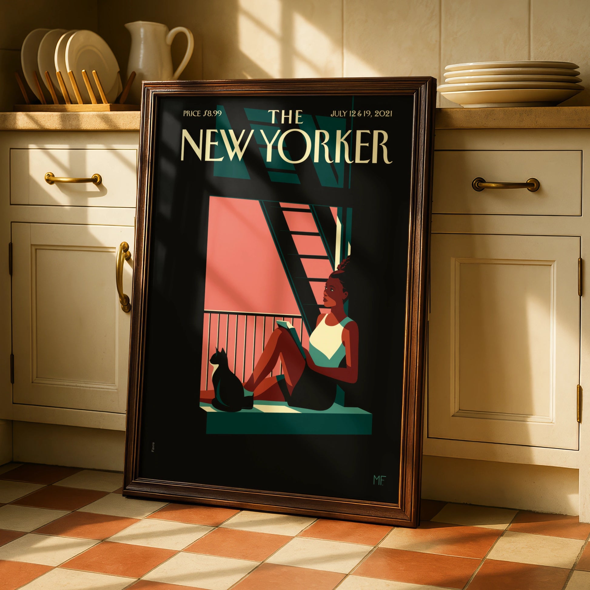 The New Yorker Cover Poster July 2021, Woman Reading Cat Window Wall Art Print