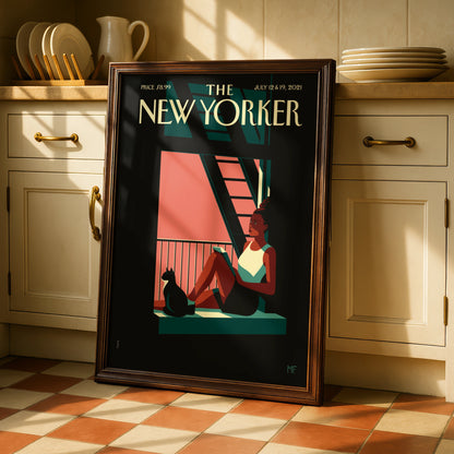 The New Yorker Cover Poster July 2021, Woman Reading Cat Window Wall Art Print