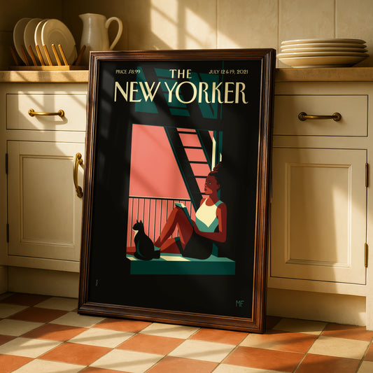 The New Yorker Cover Poster July 2021, Woman Reading Cat Window Wall Art Print