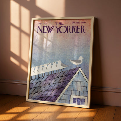 The New Yorker 1971 Seagulls on Rooftop Cover Art Poster, Vintage Magazine Print