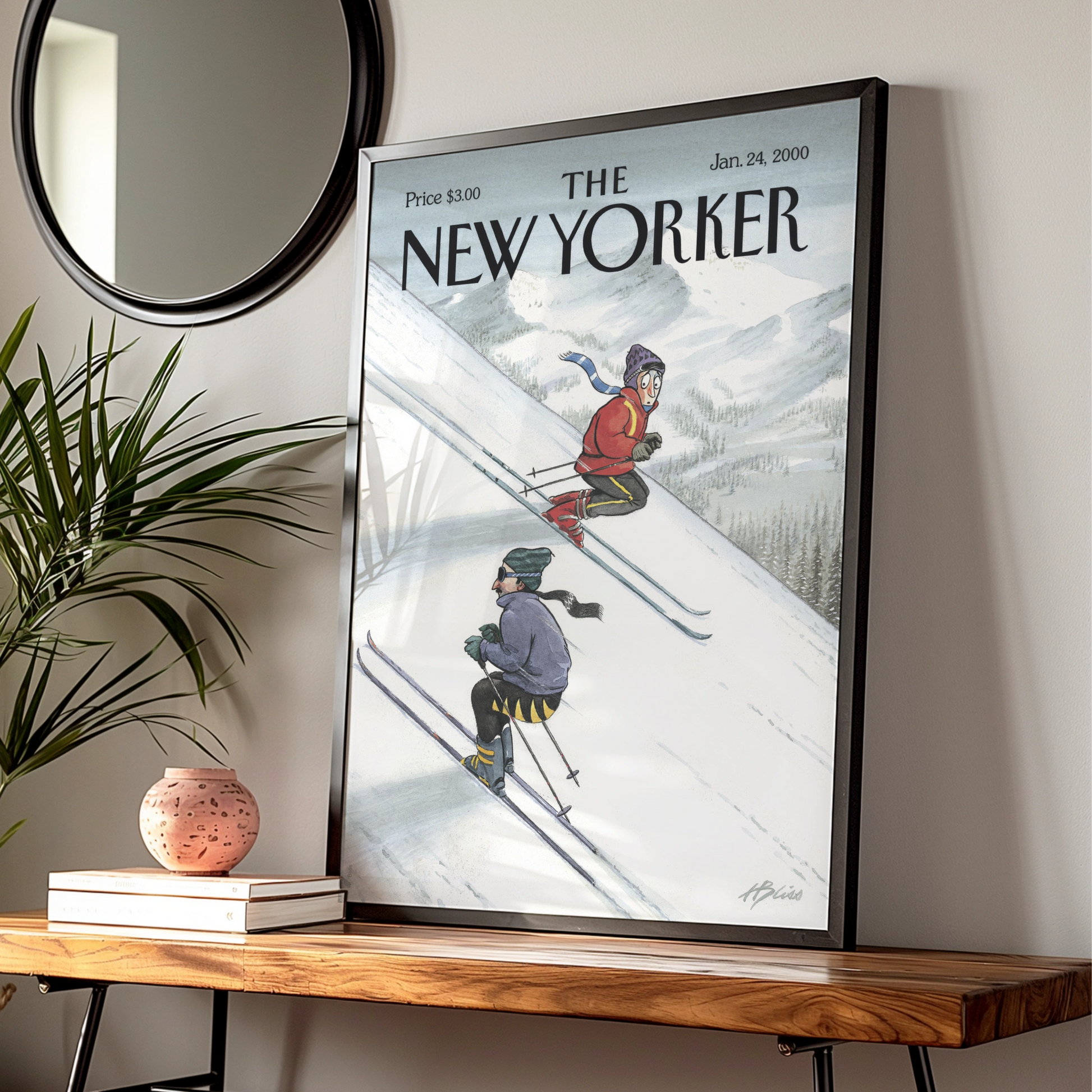The New Yorker Ski Poster, Winter Mountain Cover Art Print, January 2000 Wall Art