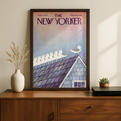 The New Yorker 1971 Seagulls on Rooftop Cover Art Poster, Vintage Magazine Print