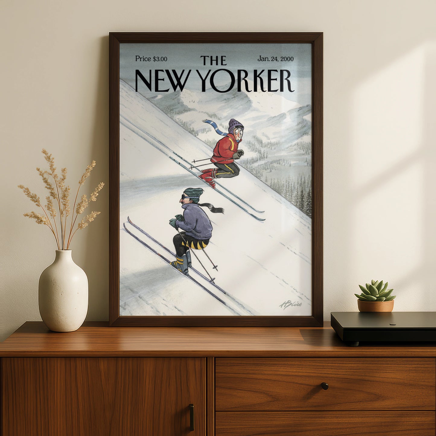 The New Yorker Ski Poster, Winter Mountain Cover Art Print, January 2000 Wall Art