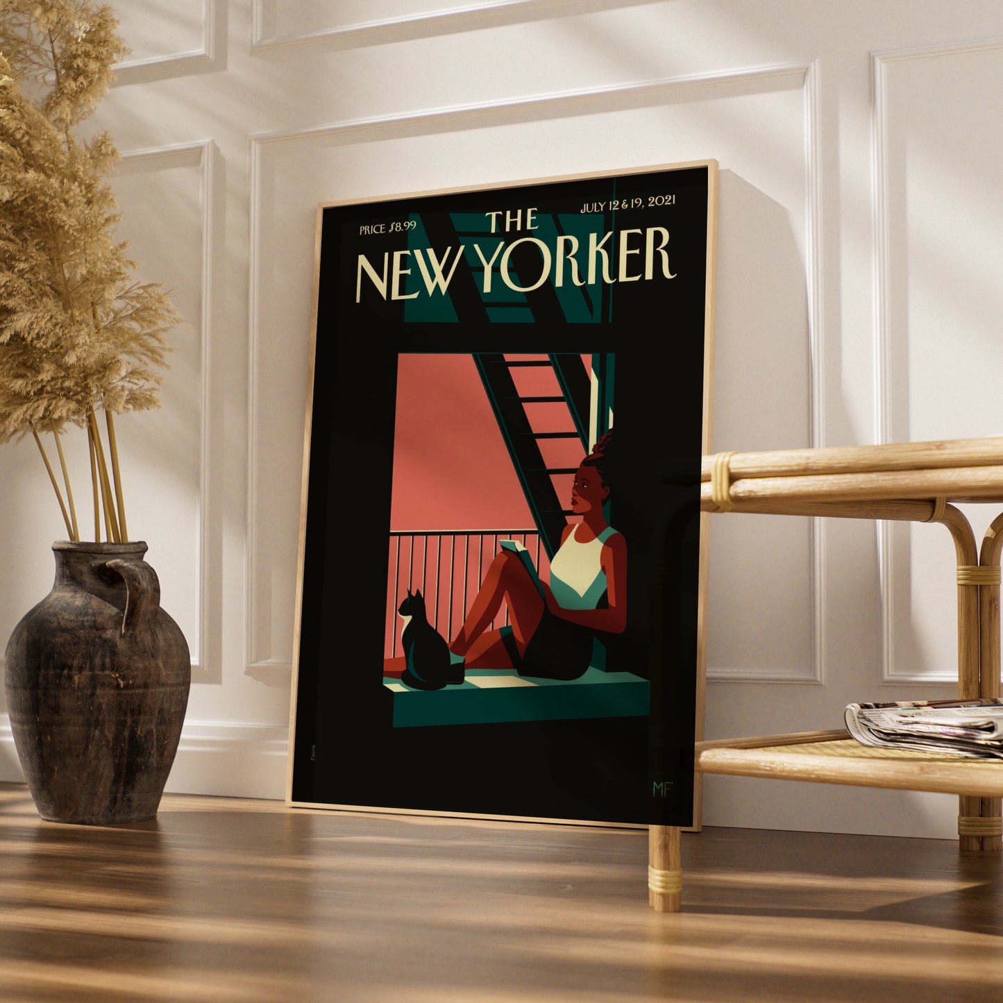 The New Yorker Cover Poster July 2021, Woman Reading Cat Window Wall Art Print