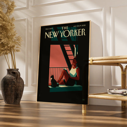 The New Yorker Cover Poster July 2021, Woman Reading Cat Window Wall Art Print