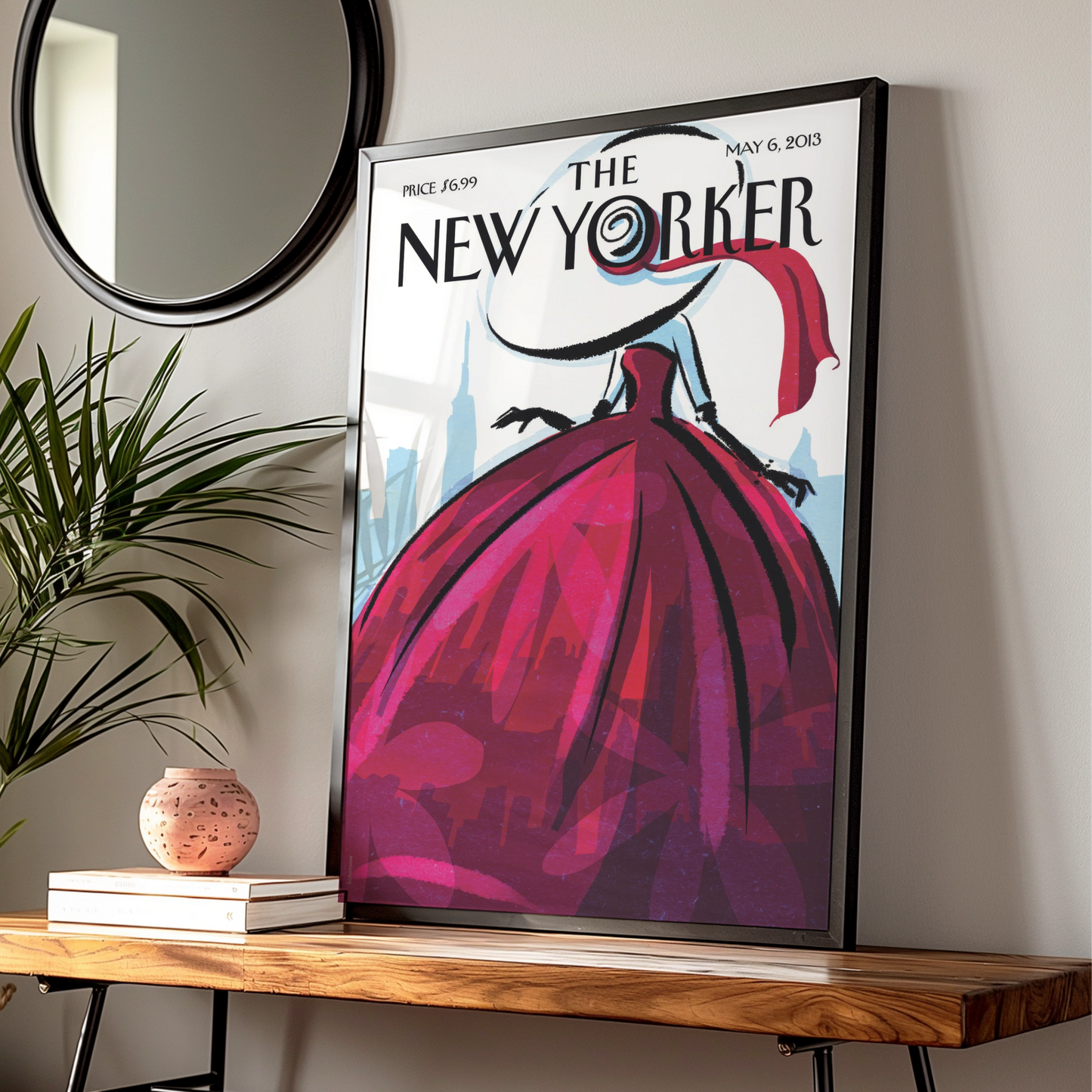 The New Yorker Poster, Red Gown Fashion Art, NYC Skyline Wall Art Print