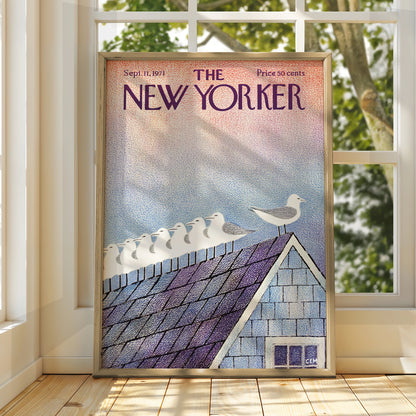 The New Yorker 1971 Seagulls on Rooftop Cover Art Poster, Vintage Magazine Print