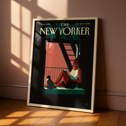 The New Yorker Cover Poster July 2021, Woman Reading Cat Window Wall Art Print