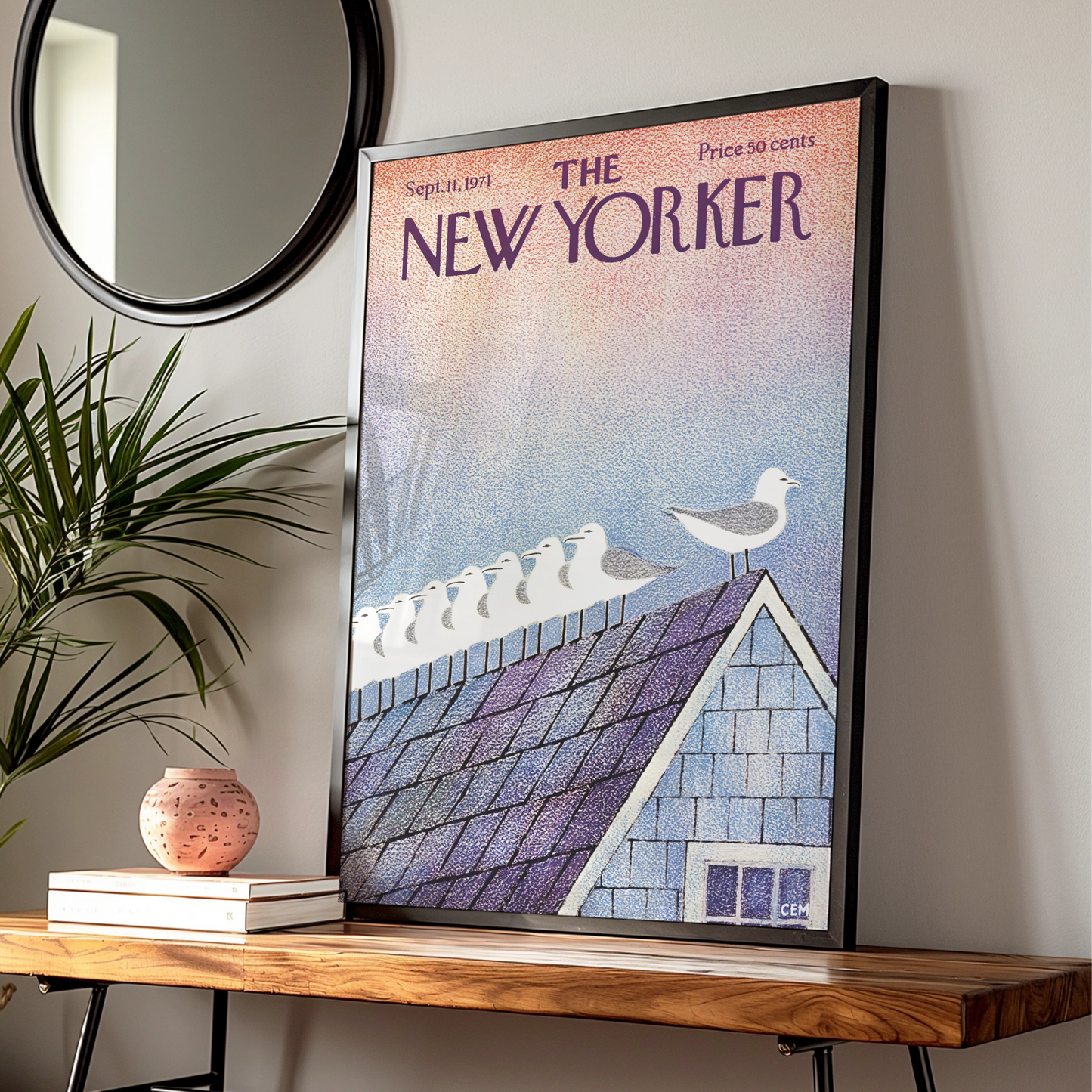 The New Yorker 1971 Seagulls on Rooftop Cover Art Poster, Vintage Magazine Print