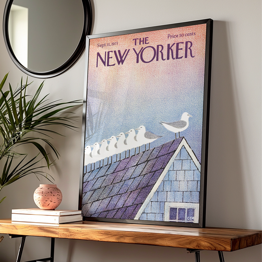 The New Yorker 1971 Seagulls on Rooftop Cover Art Poster, Vintage Magazine Print