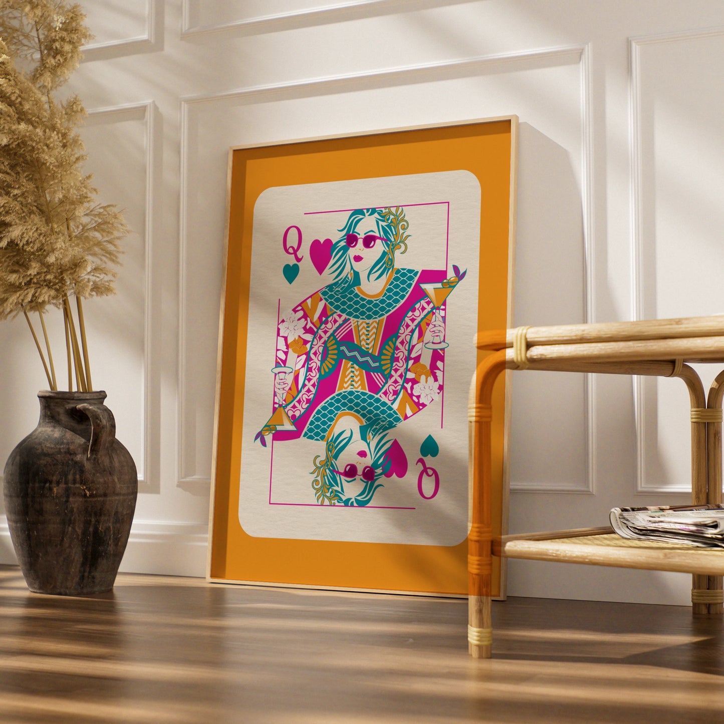 Queen of Hearts Maximalist Poster, Bold Colourful Playing Card Wall Art Print