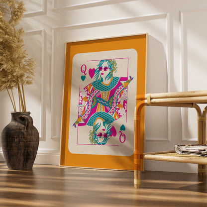Queen of Hearts Maximalist Poster, Bold Colourful Playing Card Wall Art Print