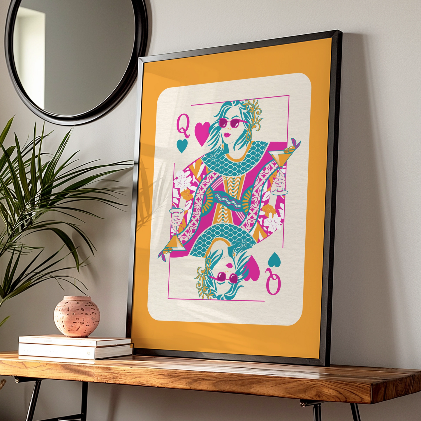 Queen of Hearts Maximalist Poster, Bold Colourful Playing Card Wall Art Print