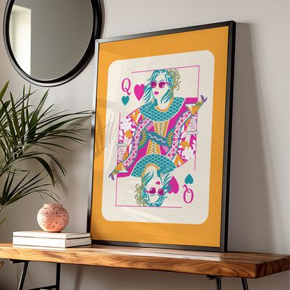 Queen of Hearts Maximalist Poster, Bold Colourful Playing Card Wall Art Print