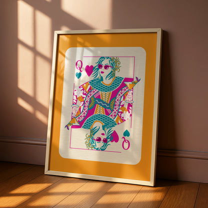 Queen of Hearts Maximalist Poster, Bold Colourful Playing Card Wall Art Print