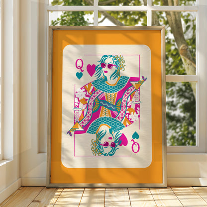 Queen of Hearts Maximalist Poster, Bold Colourful Playing Card Wall Art Print