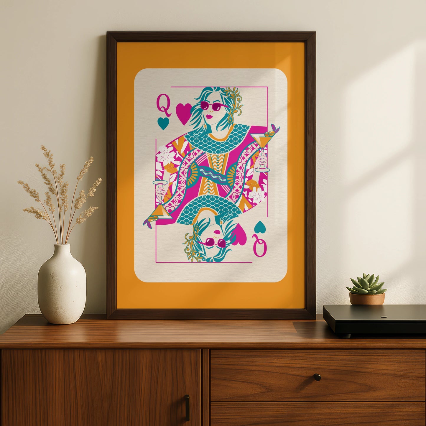 Queen of Hearts Maximalist Poster, Bold Colourful Playing Card Wall Art Print