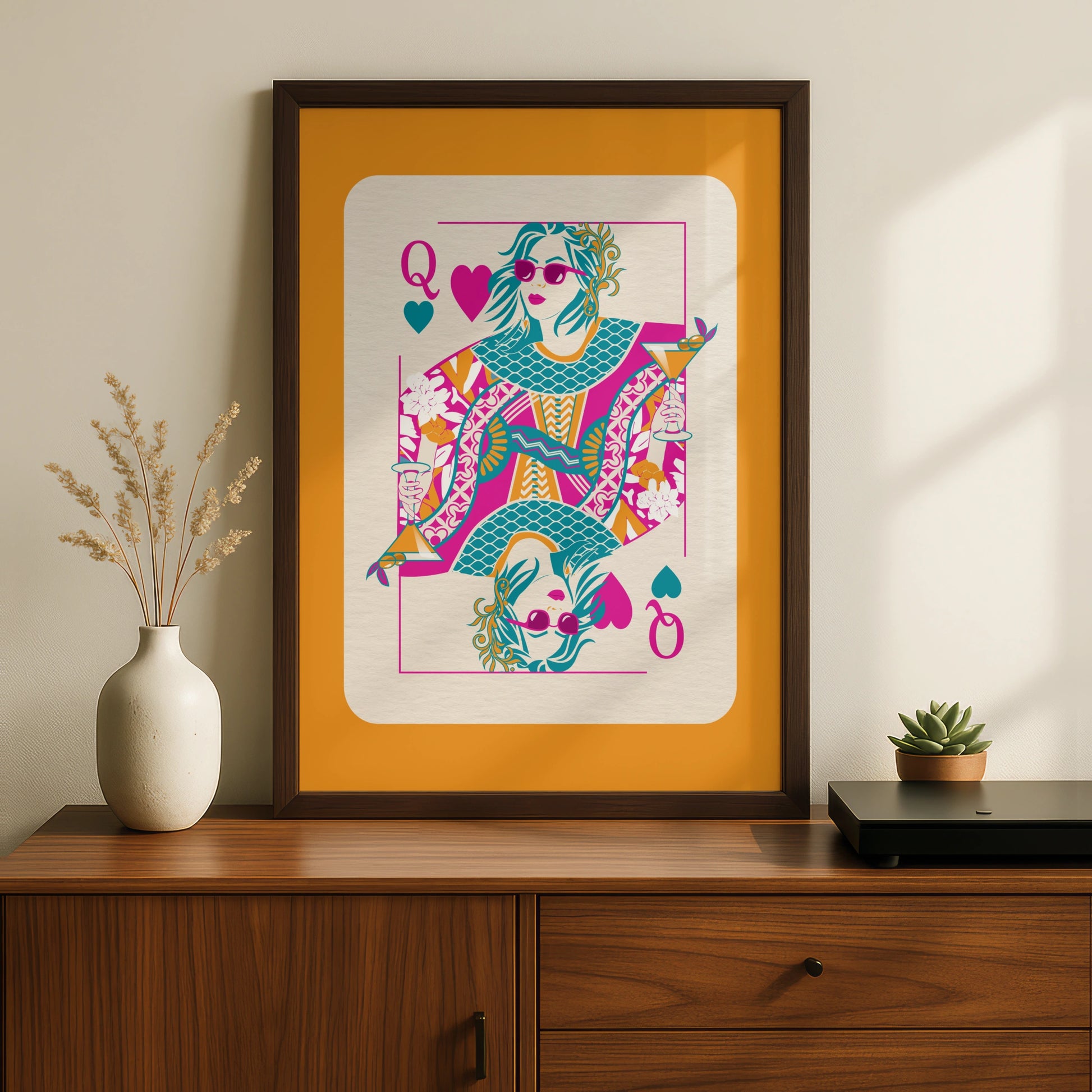 Queen of Hearts Maximalist Poster, Bold Colourful Playing Card Wall Art Print