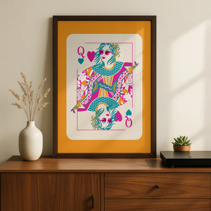 Queen of Hearts Maximalist Poster, Bold Colourful Playing Card Wall Art Print