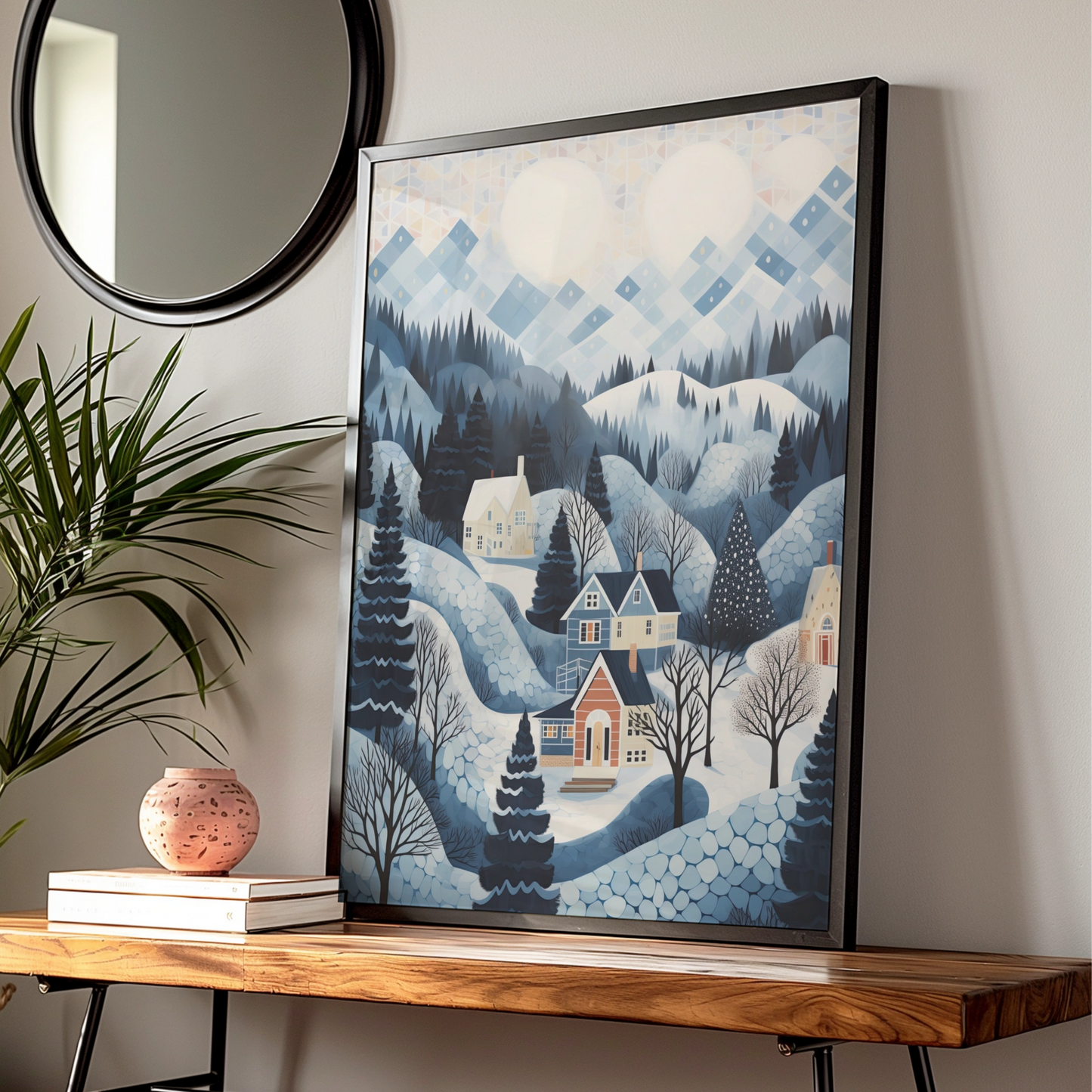 Christmas Winter Village Poster, Snowy Landscape Art Print, Blue Festive Wall Art, Holiday Home