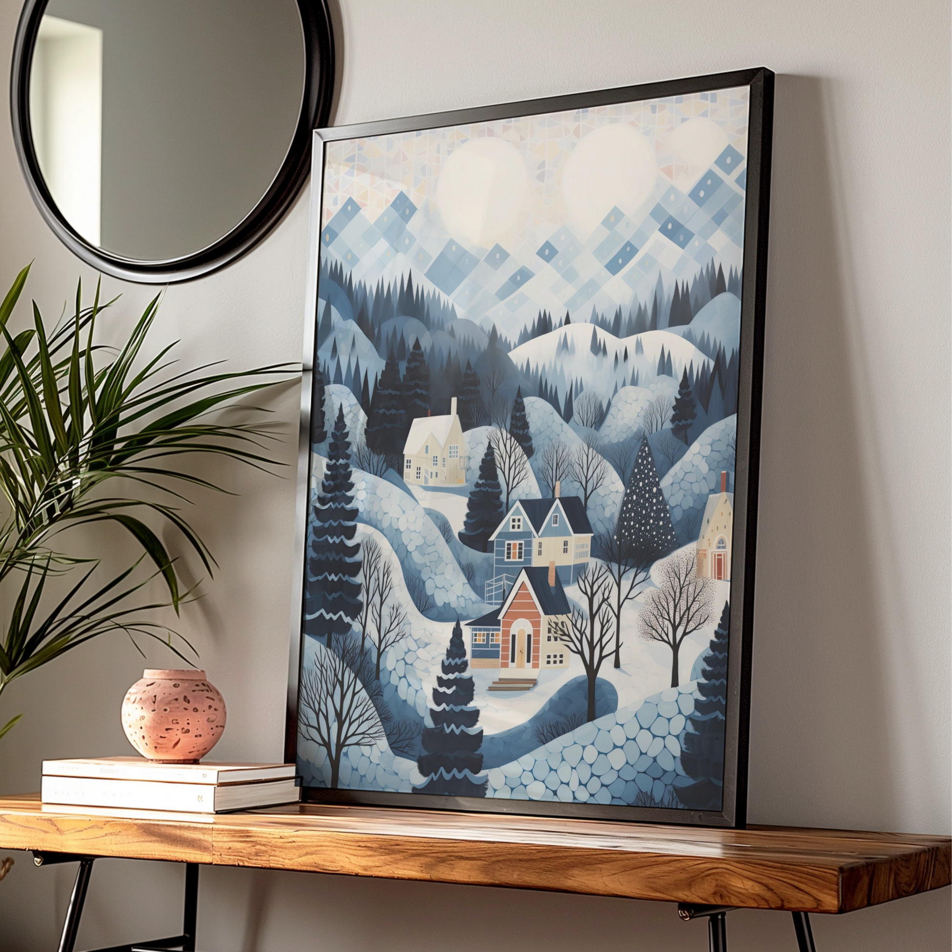 Christmas Winter Village Poster, Snowy Landscape Art Print, Blue Festive Wall Art, Holiday Home