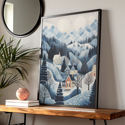 Christmas Winter Village Poster, Snowy Landscape Art Print, Blue Festive Wall Art, Holiday Home