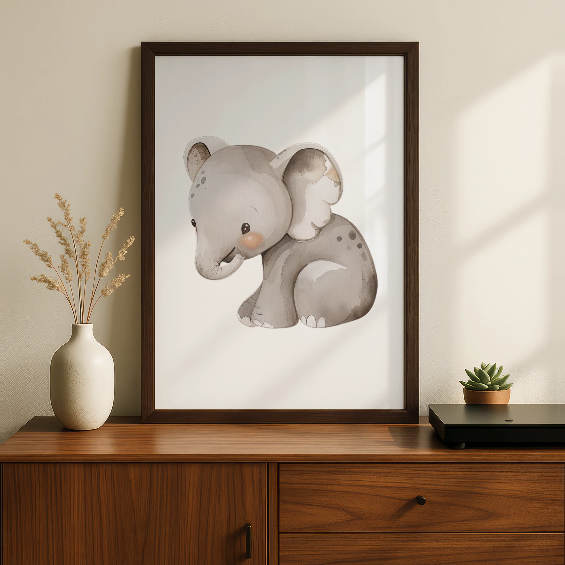 Baby Elephant Nursery Wall Art, Cute Safari Animal Poster, Grey Watercolour Print for Kids Room
