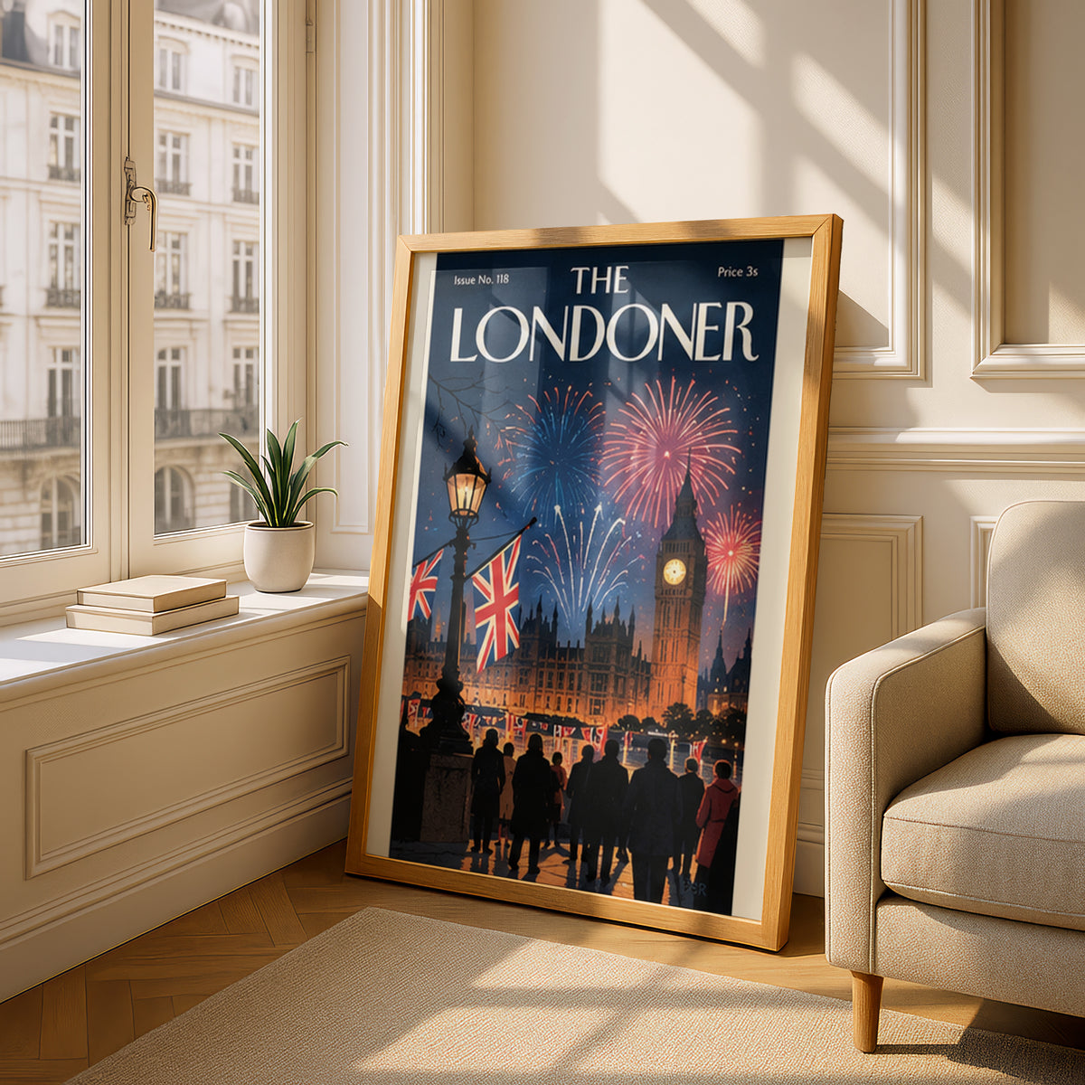 London Fireworks Poster, Big Ben Wall Art, Vintage Magazine Cover Art Print, Night Skyline Union