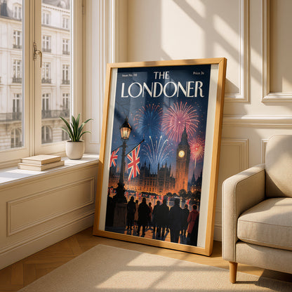 London Fireworks Poster, Big Ben Wall Art, Vintage Magazine Cover Art Print, Night Skyline Union