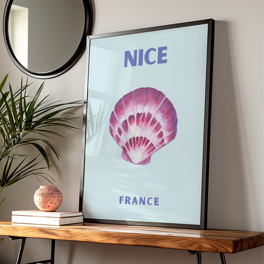 Nice France Travel Poster, French Riviera Wall Art, Coastal Seashell Print — Digital Download