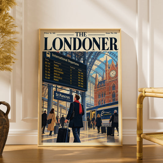 St Pancras Station Poster, London Travel Wall Art, Vintage Magazine Cover Art Print, Train Decor