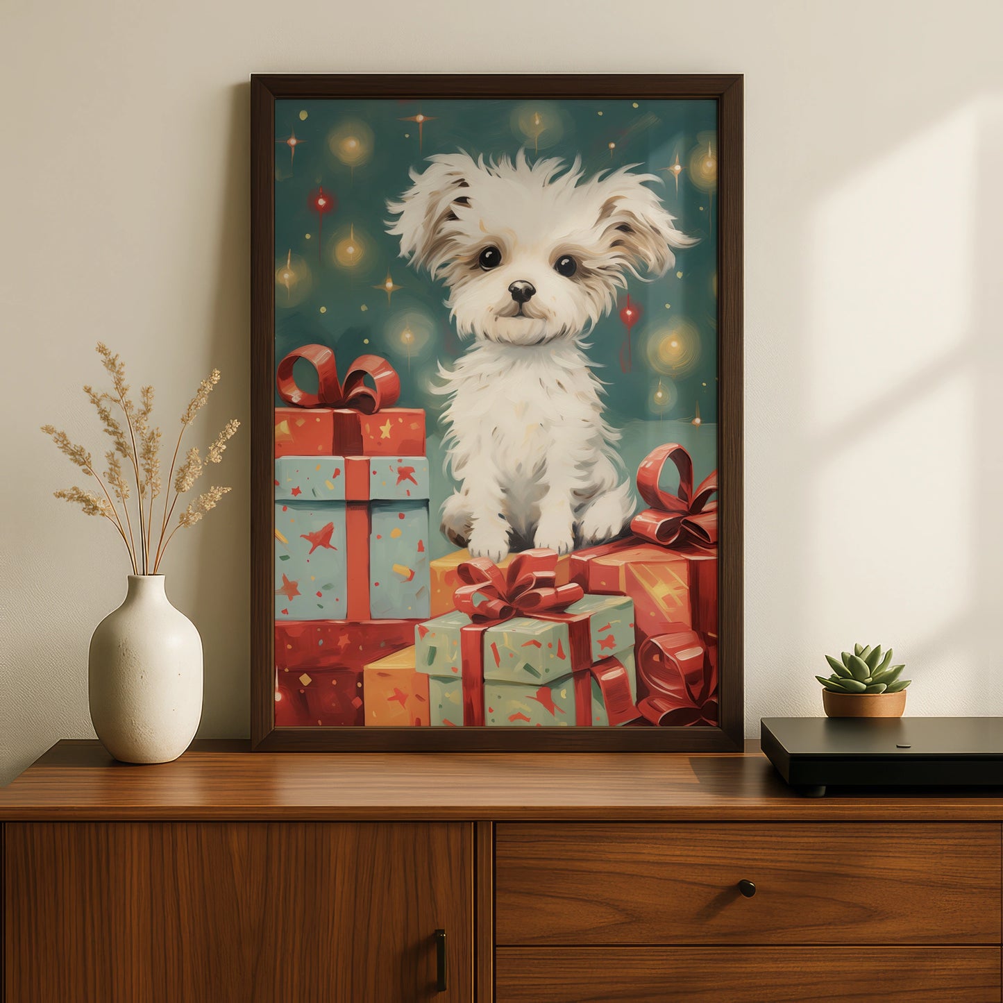 Christmas Puppy Poster, Cute White Dog with Gifts, Festive Xmas Wall Art Print