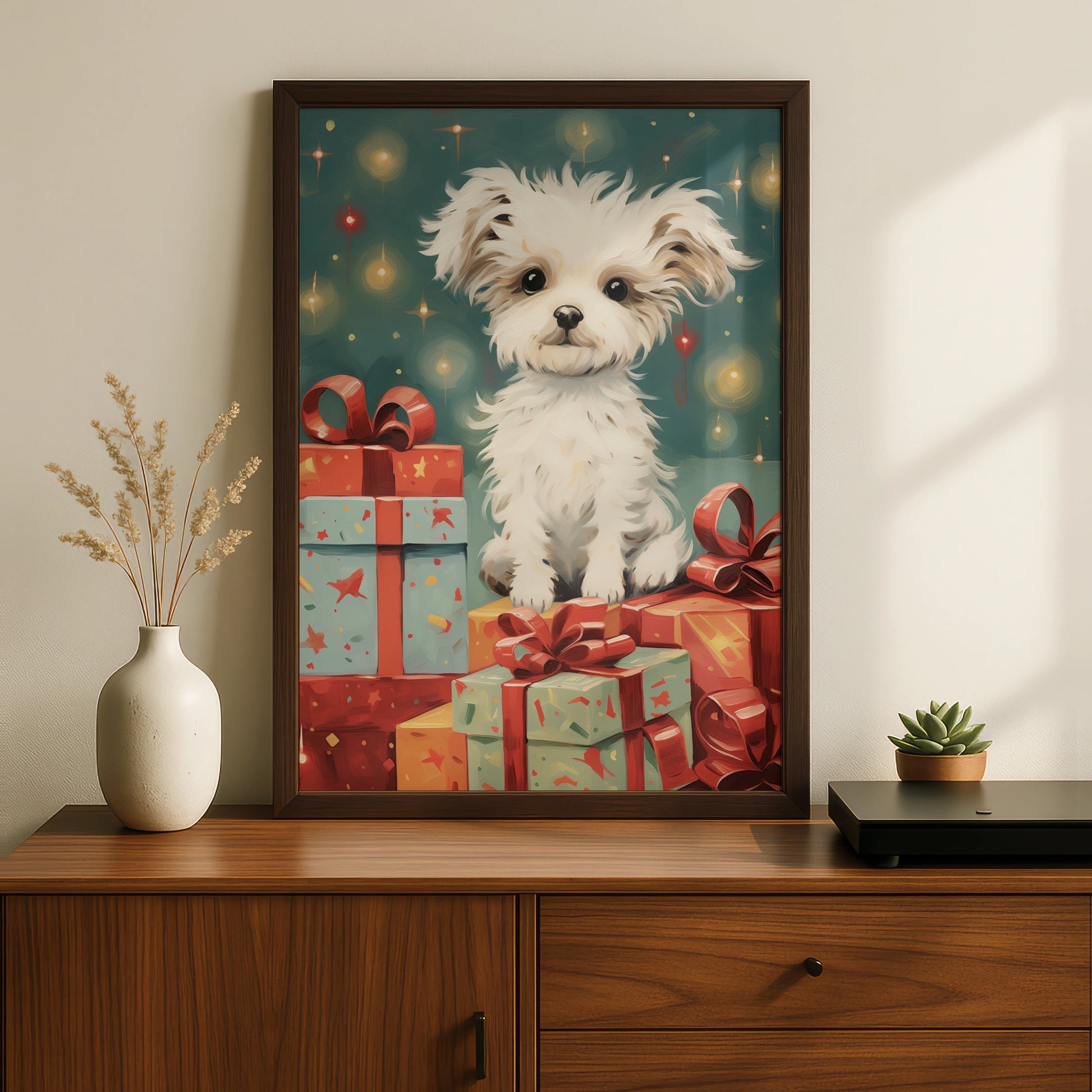 Christmas Puppy Poster, Cute White Dog with Gifts, Festive Xmas Wall Art Print