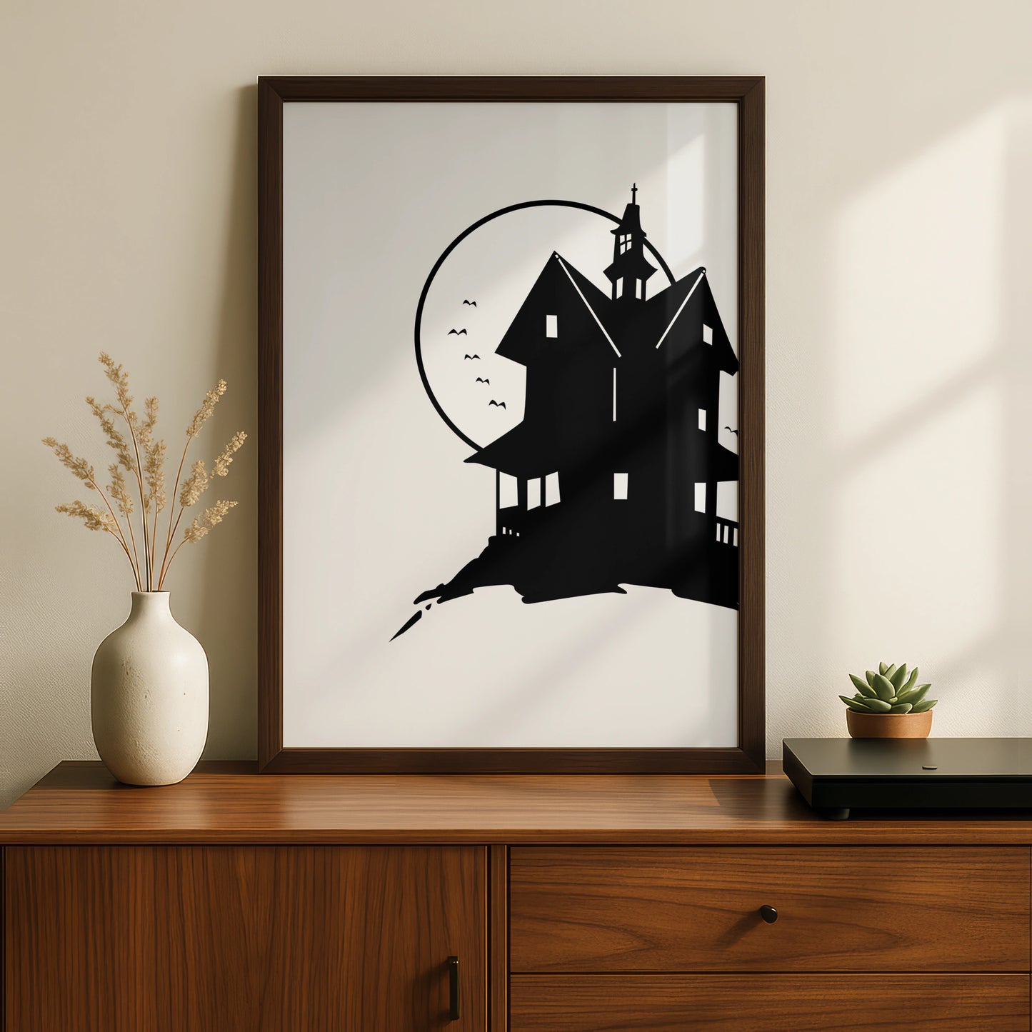Halloween Haunted House Poster, Spooky Black Silhouette Wall Art, Full Moon Print