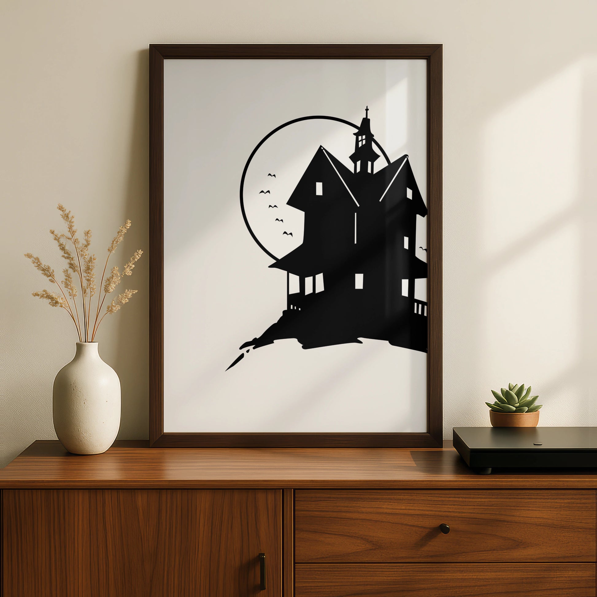 Halloween Haunted House Poster, Spooky Black Silhouette Wall Art, Full Moon Print