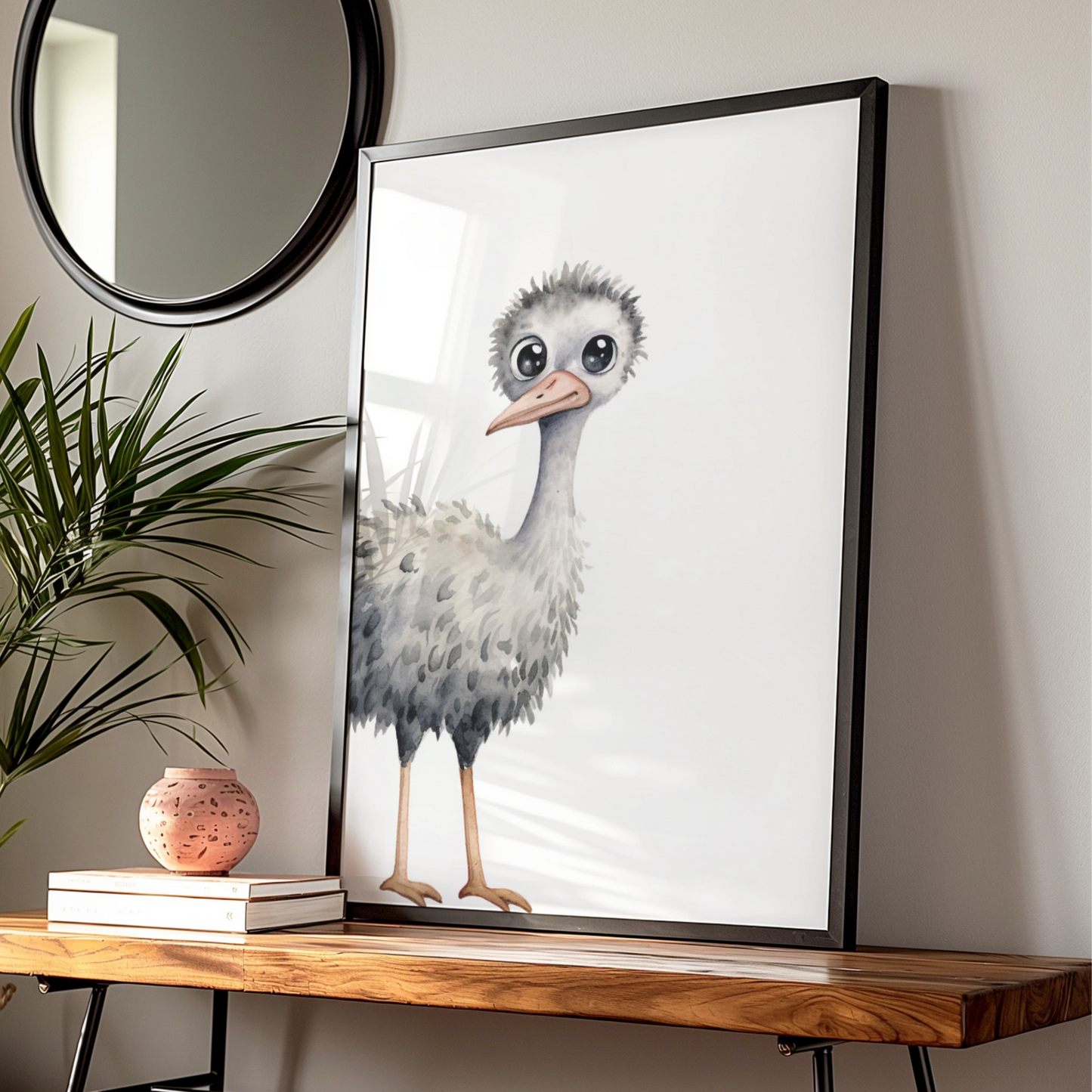 Baby Ostrich Nursery Wall Art, Cute Watercolour Bird Print, Children's Animal Poster